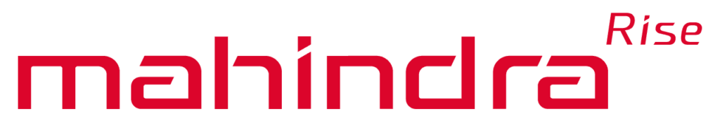 Mahindra Rise logo: red 'mahindra' wordmark with 'Rise' in the top-right on a black background