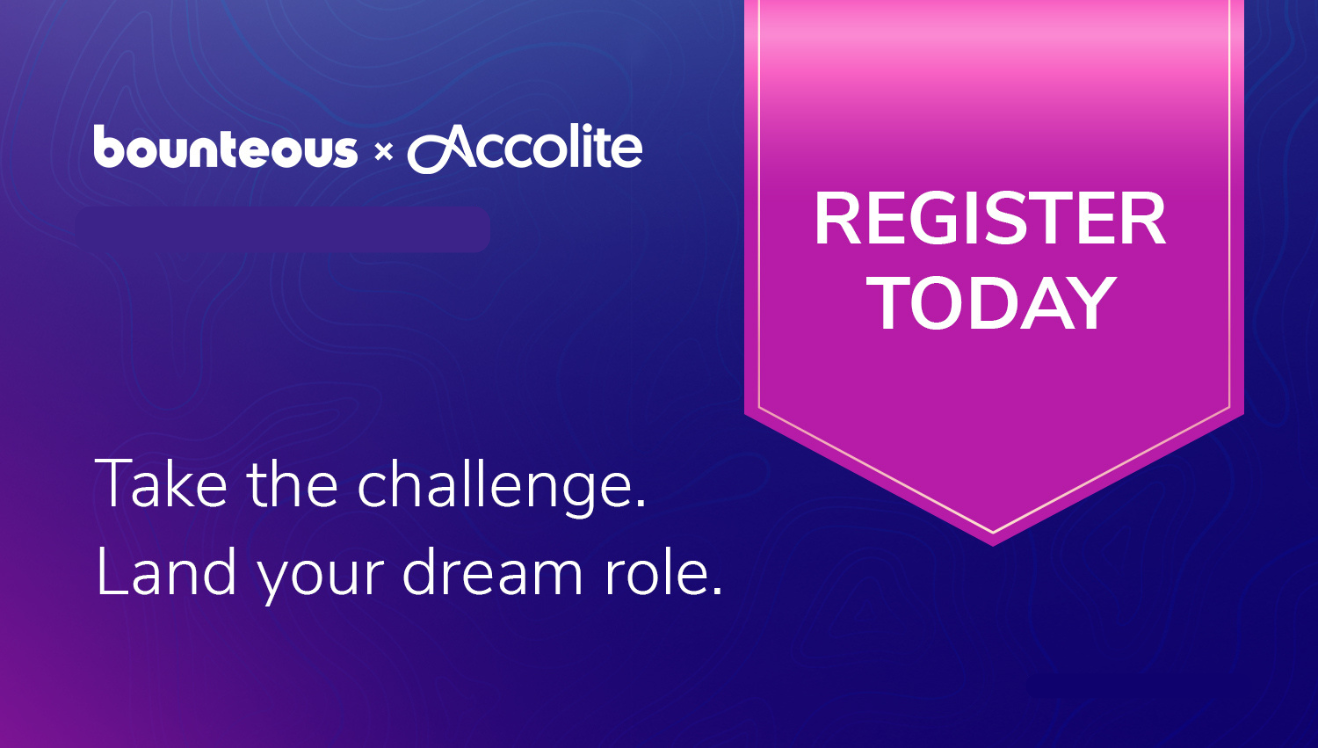 Promotional hero banner for Bounteous x Accolite with a pink 'REGISTER TODAY' badge and the tagline 'Take the challenge. Land your dream role.'