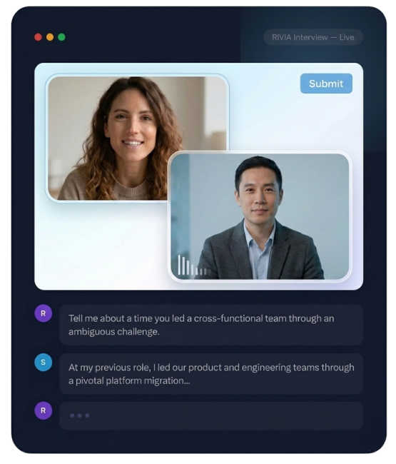 RIVIA AI video interview software conducting a live candidate interview with real-time transcript