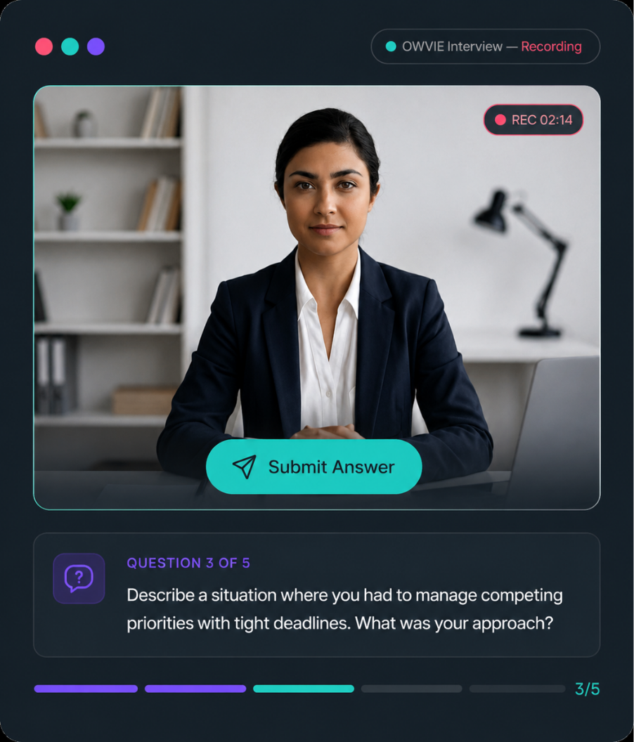 RIVIA async video interview platform conducting a live candidate interview with real-time transcript