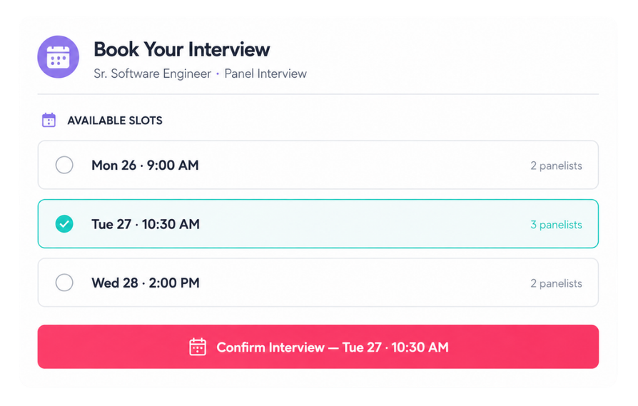 Interview booking screen showing available slots