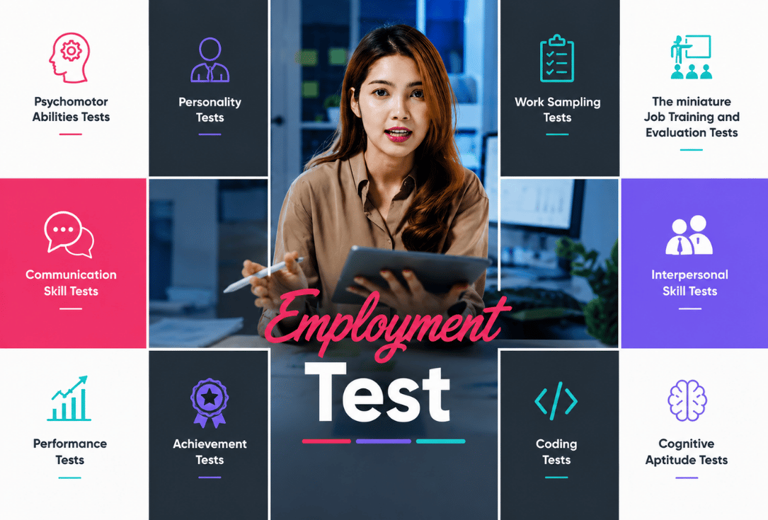 Center collage of a woman holding a tablet during an employment test, with 'Employment Test' text in pink and 'Test' below, surrounded by icons for various skill tests (e.g., communication, coding, cognitive).