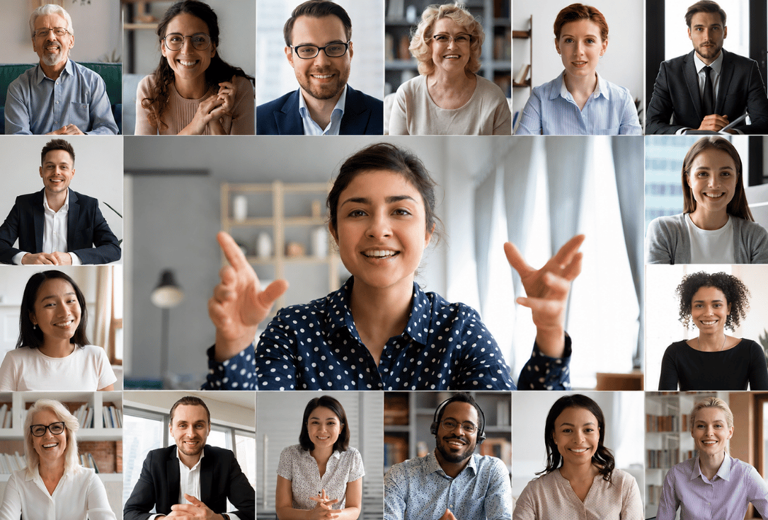 Video conference grid of diverse professionals; central speaker gesturing to emphasize a point.
