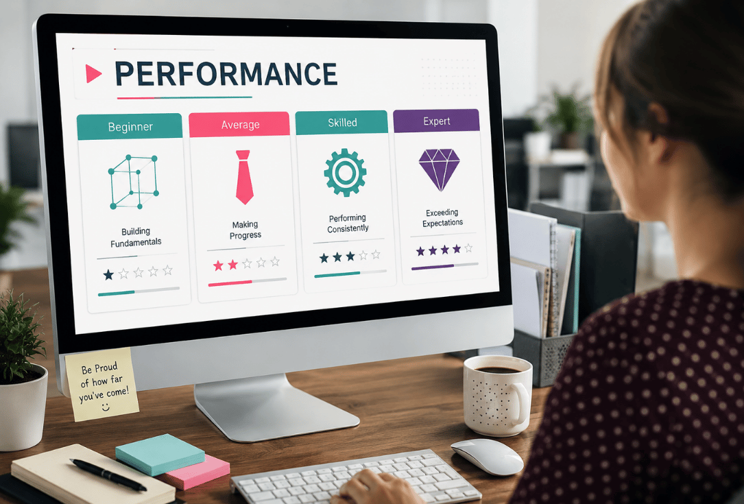 Person seated at a desk viewing a computer monitor displaying a 'Performance' assessment with four levels: Beginner, Average, Skilled, Expert, each with icons and progress bars.