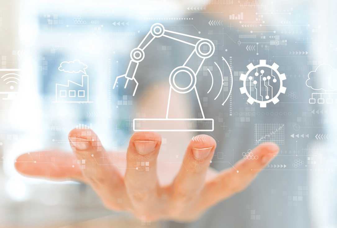 Outstretched hand with a white robotic-arm schematic and gear icons overlaid, symbolizing industrial automation.