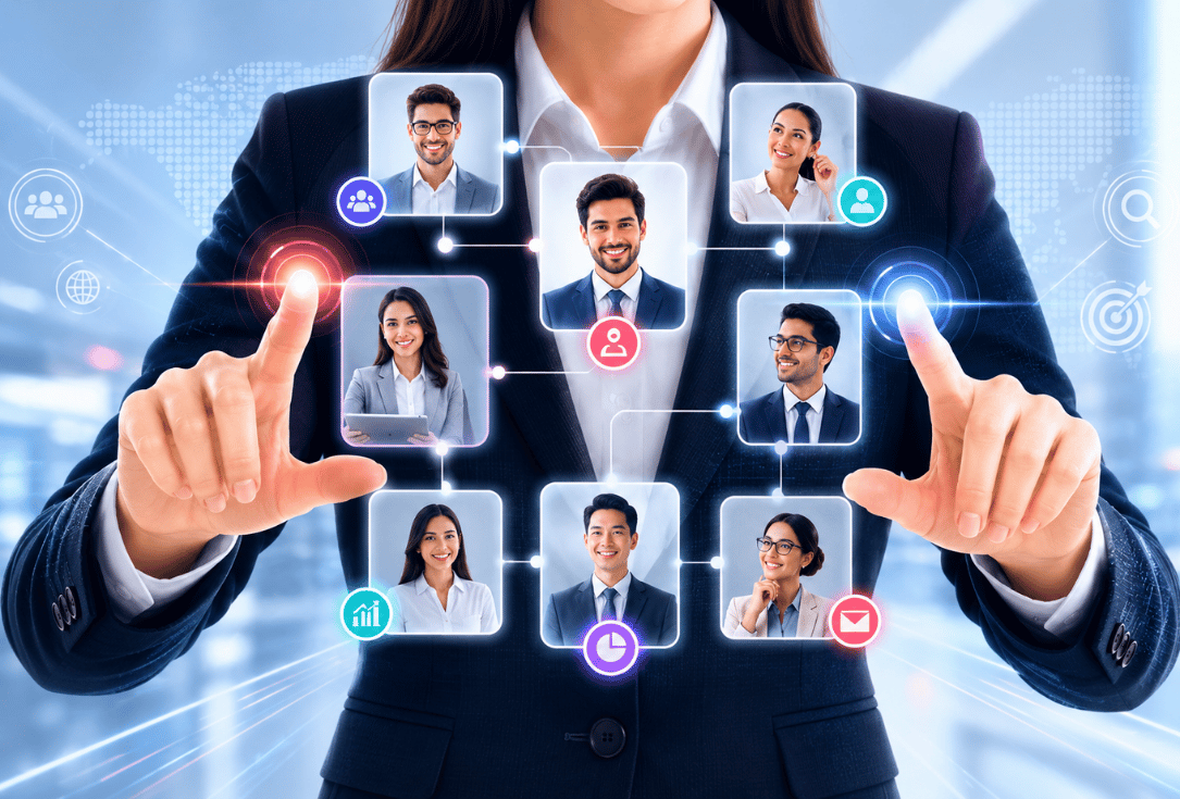 Business professional uses a holographic interface to connect a diverse team of colleagues in a networked, collaborative workspace