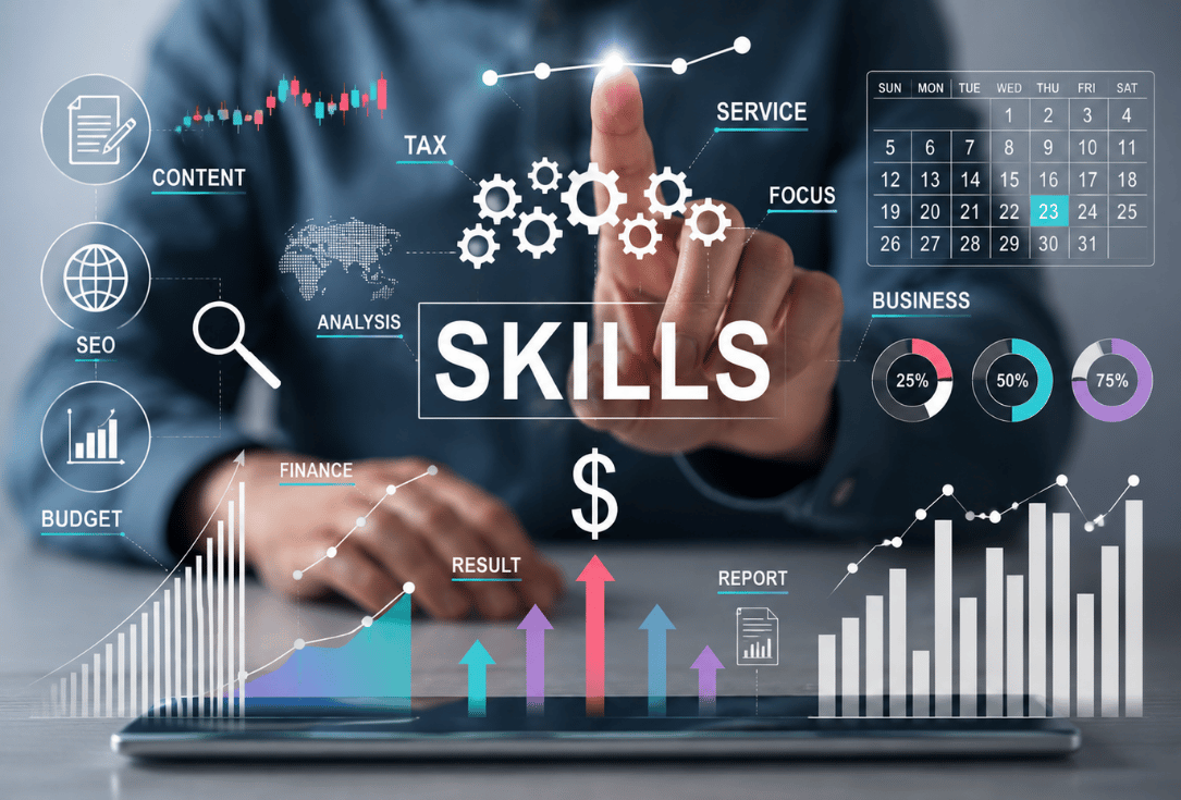 Interactive business dashboard with skills and analytics symbols over a tablet, showing growth charts and financial icons as focus points for digital skills.