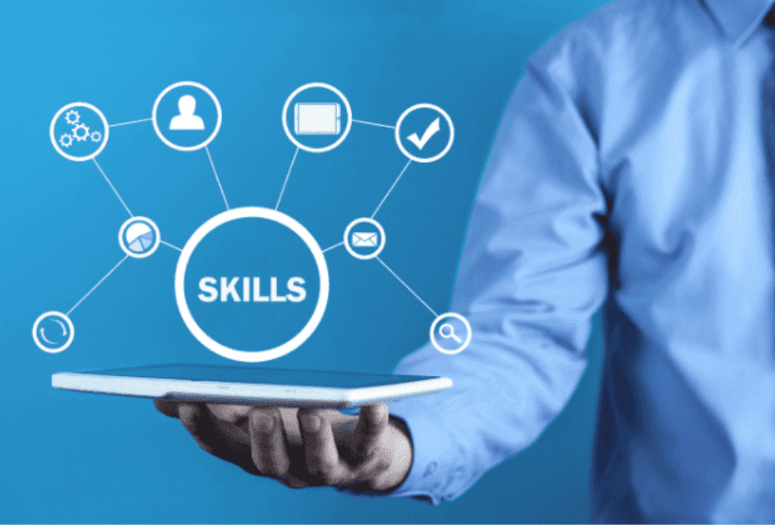 Hand holding a tablet with a glowing 'SKILLS' hub and connected icons illustrating a digital skills network.