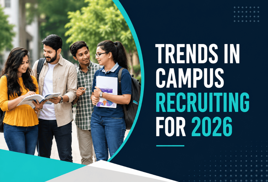 Group of students outdoors, looking at a book together beside a banner that says 'Trends in Campus Recruiting for 2026'.