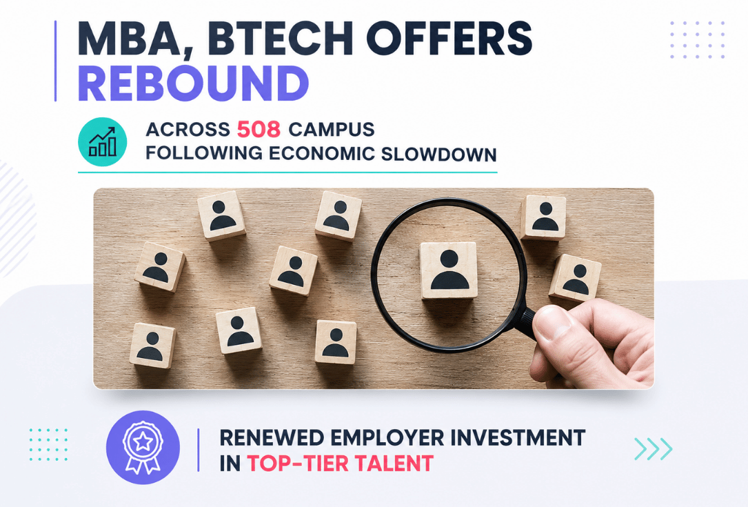 Infographic about MBA and BTech rebound; a hand uses a magnifying glass to inspect user-icon blocks on a wooden board.
