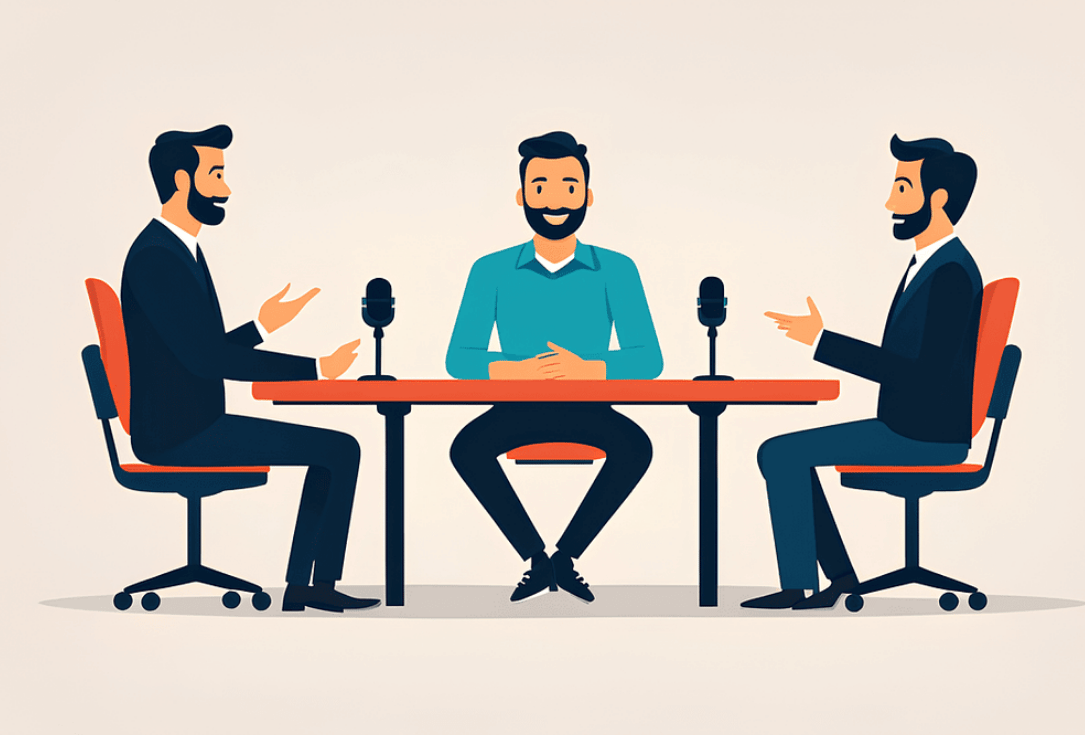 Three men with beards sit at a table, microphones in front, having a discussion in a podcast-style setup.
