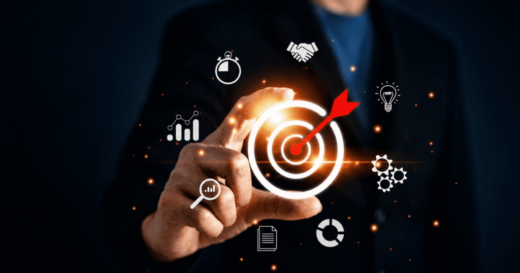 Businessperson pointing at a glowing target circle to symbolize hitting goals and strategy, with analytics icons around it