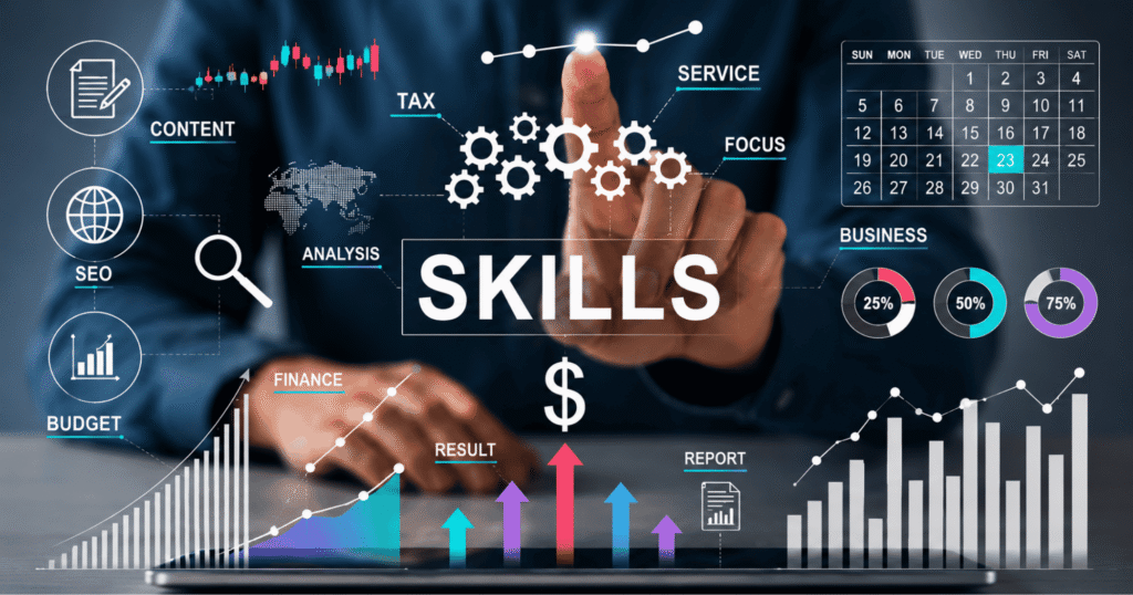Abstract business dashboard with charts, gears and the word SKILLS, symbolizing analytics and development