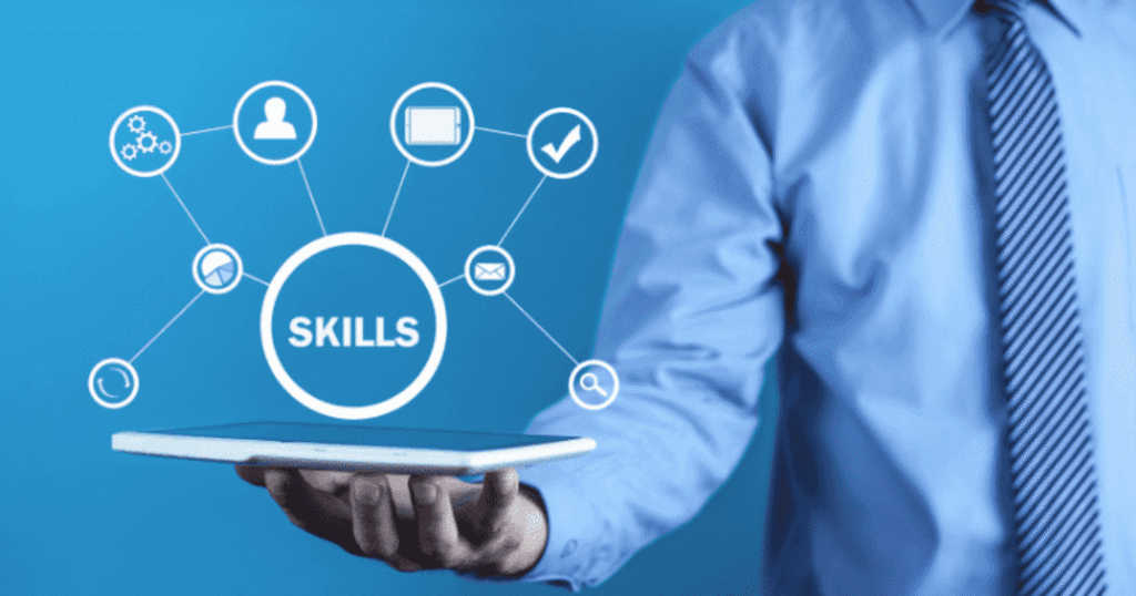 Businessperson holding a tablet with a blue skills-network graphic, centered on a large SKILLS circle connected to icons.