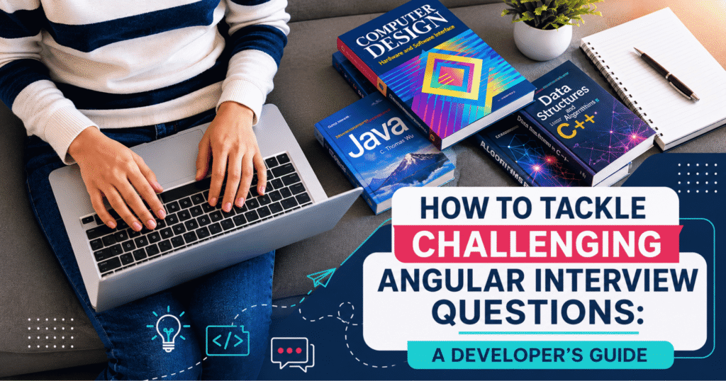 Banner showing a person typing on a laptop with stacked programming books and a notebook, promoting 'How to Tackle Challenging Angular Interview Questions' guide