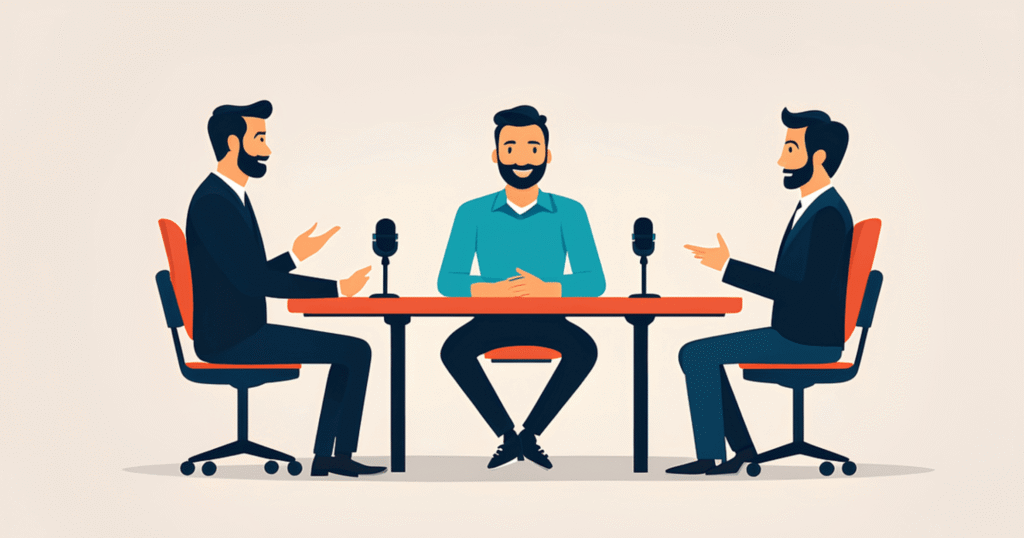 Three bearded men sit around a table with microphones, engaged in a panel discussion or podcast.