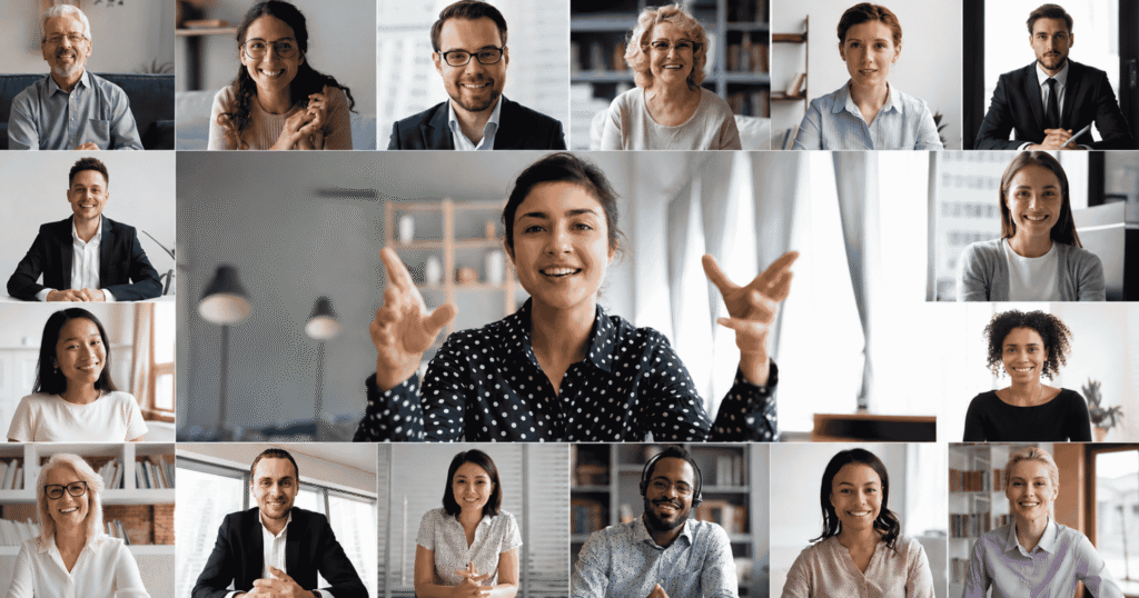 Collage of diverse professionals taking part in a video conference, with a central speaker gesturing.