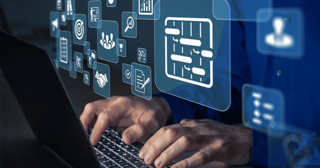 Hands typing on a laptop with floating digital icons and a flowchart graphic suggesting workflow automation.