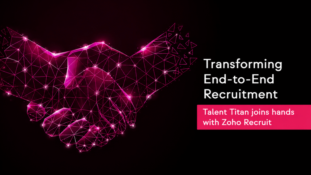 Glowing digital handshake with the text "Transforming End-to-End Recruitment" and "Talent Titan joins hands with Zoho Recruit.