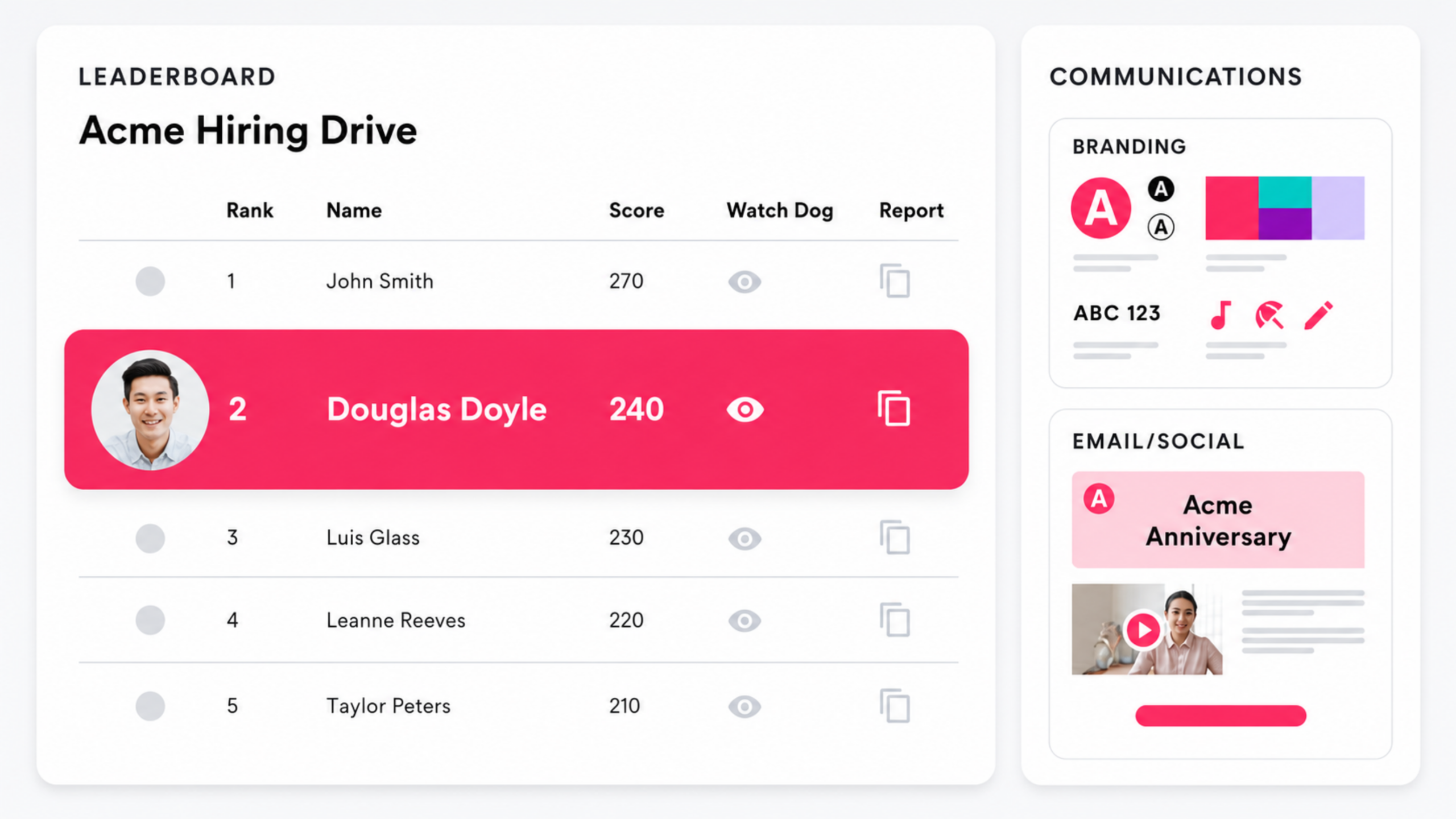 Leaderboard showing top five names with ranks and scores; Douglas Doyle is highlighted in a pink card.