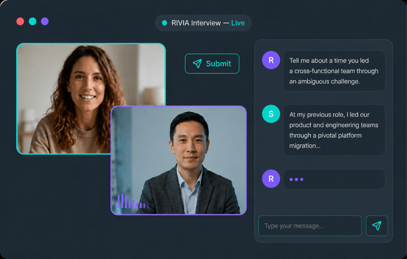 RIVIA AI video interview software enables AI screening at scale, conducting live candidate interviews with real-time transcripts, automated evaluation, and intelligent candidate insights.