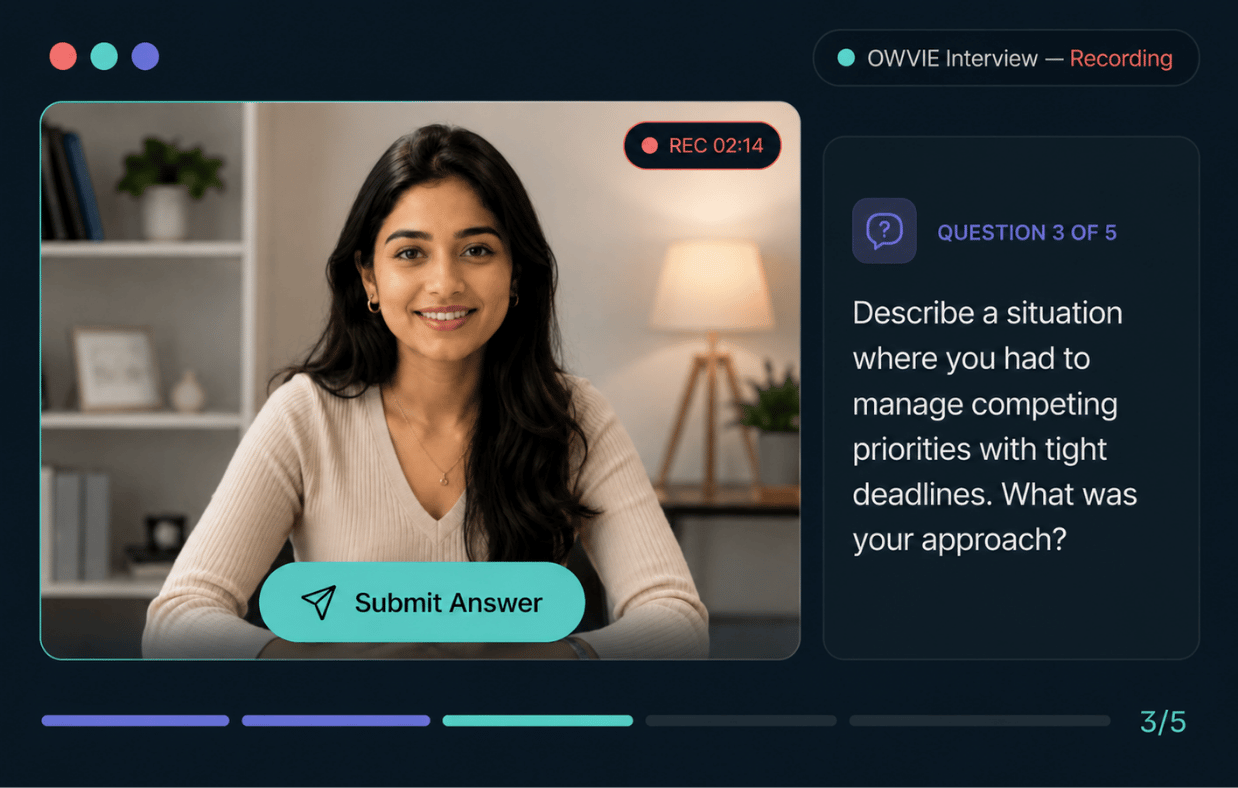 OWVIE one-way AI interview platform enabling AI screening at scale with recorded candidate responses, automated interview questions, and asynchronous video assessments