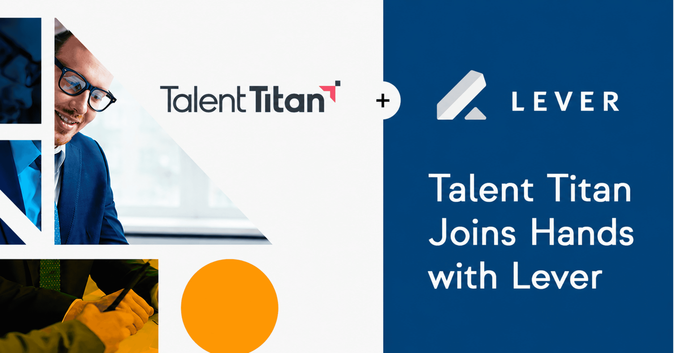 Graphic announcing Talent Titan's partnership with Lever, featuring both company logos, professional business imagery, and the headline "Talent Titan Joins Hands with Lever" on a blue and white background.