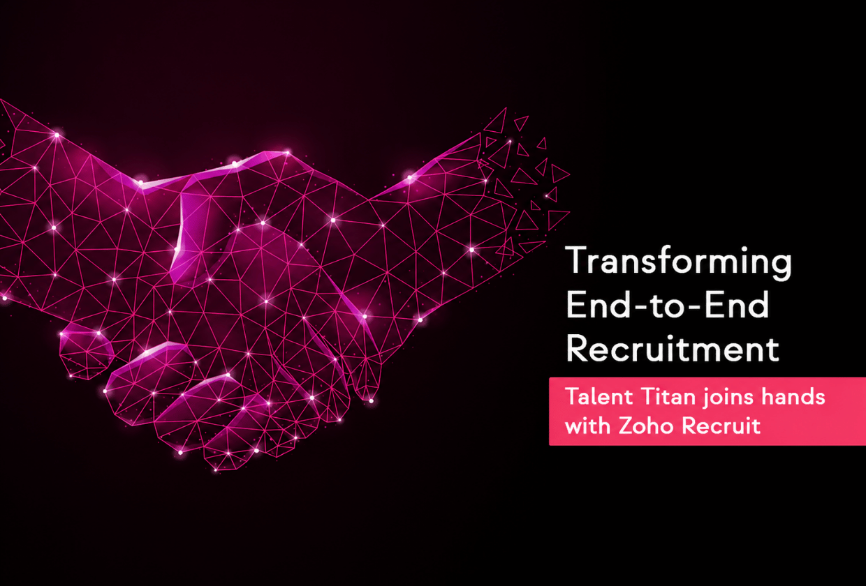 Glowing digital handshake with the text "Transforming End-to-End Recruitment" and "Talent Titan joins hands with Zoho Recruit.