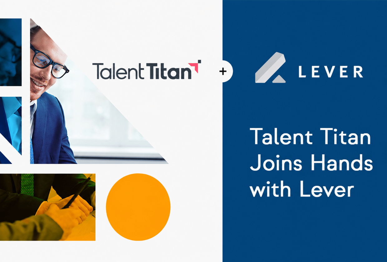 Graphic announcing Talent Titan's partnership with Lever, featuring both company logos, professional business imagery, and the headline "Talent Titan Joins Hands with Lever" on a blue and white background.
