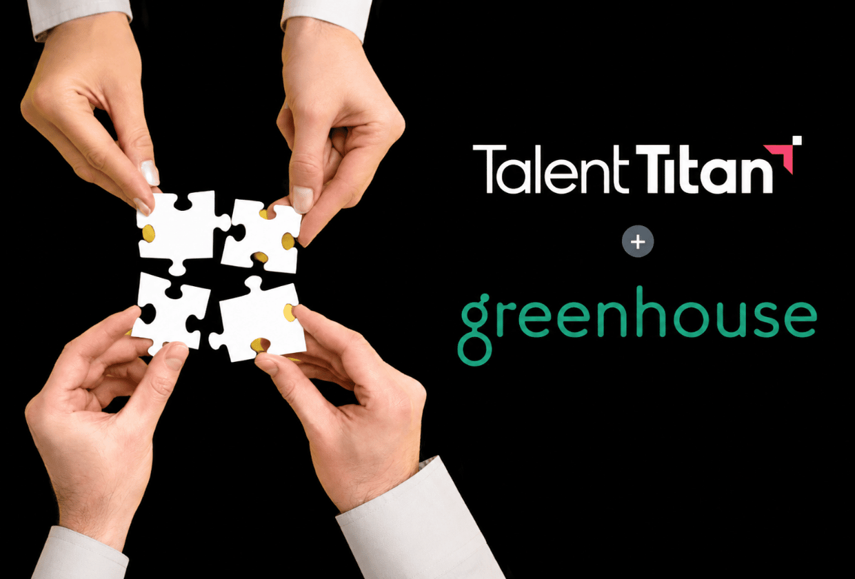 Four hands assemble white puzzle pieces on a black background beside the Talent Titan and Greenhouse logos, symbolizing an ATS integration and collaborative hiring solution.