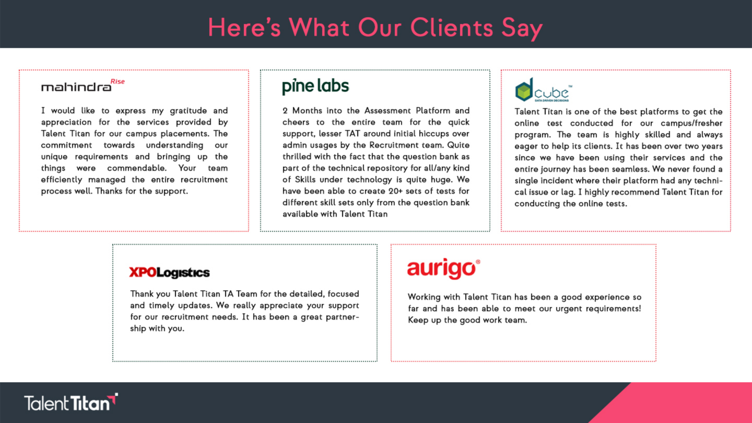Headline: Here's What Our Clients Say; three testimonial cards from Mahindra Rise, Pine Labs, and Cube displaying client quotes.