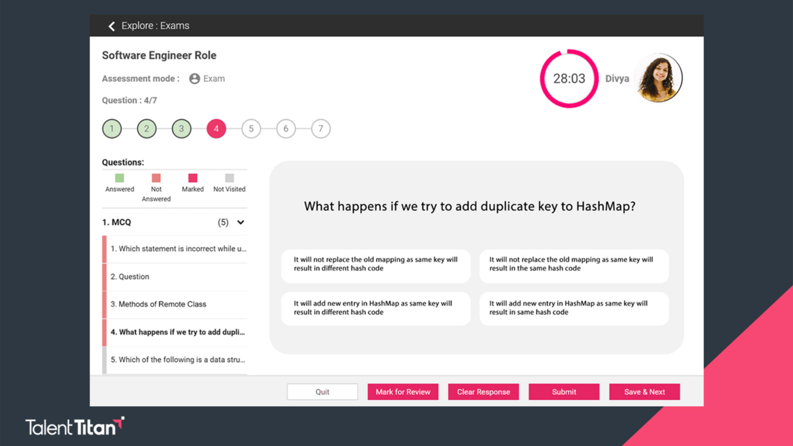 Quiz interface showing Software Engineer Role exam, timer 28:03, question 4 of 7, and a large question about adding a duplicate key to HashMap with answer options barely visible to the left and a student avatar at top right.