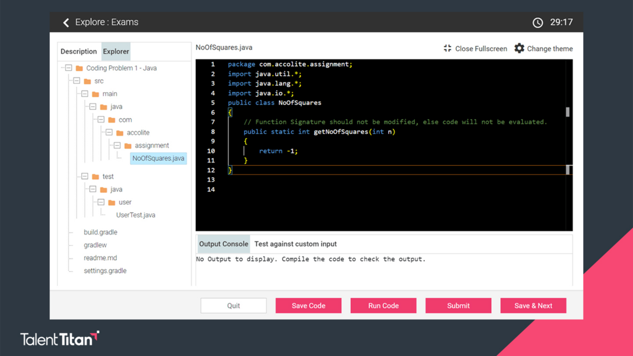 Code editor UI with a project explorer on the left; NoOfSquares.java is selected and its code visible on the right pane.