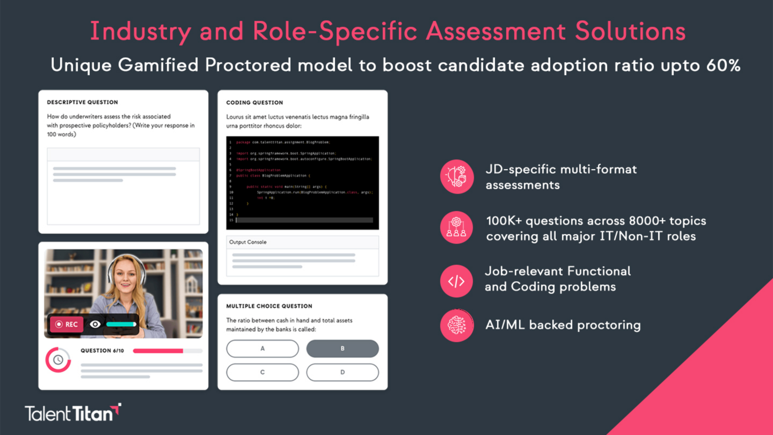 Promotional banner for industry- and role-specific assessments with sample question cards on the left and feature bullets on the right showing icons and text. Includes the Talent Titan branding at the bottom left.